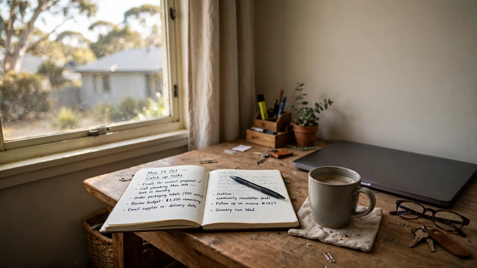 Sunlit home office desk with notebook and coffee mug in suburban Australia.
