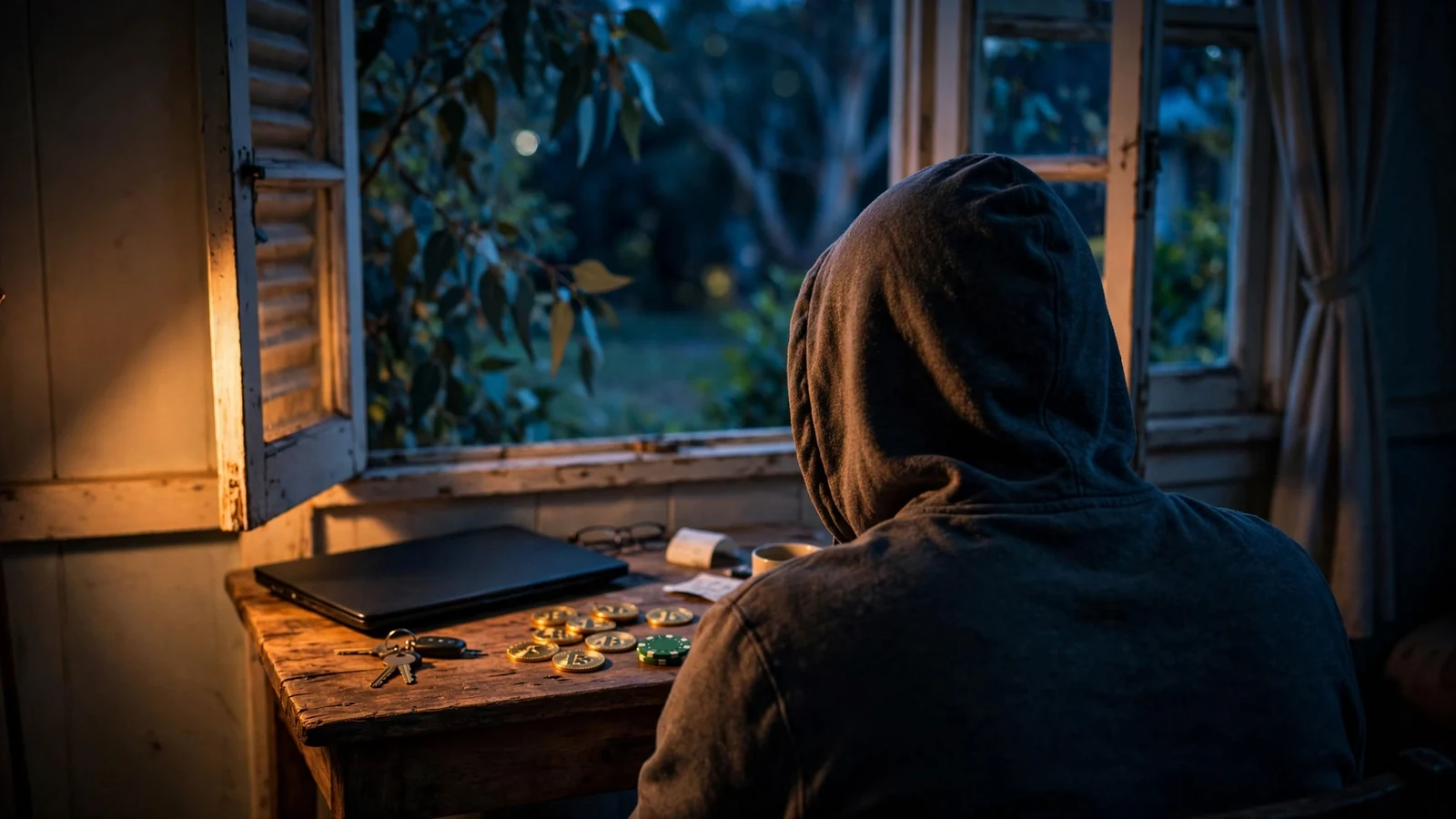 Hooded figure from behind at a desk with cryptocurrency coins and a casino chip