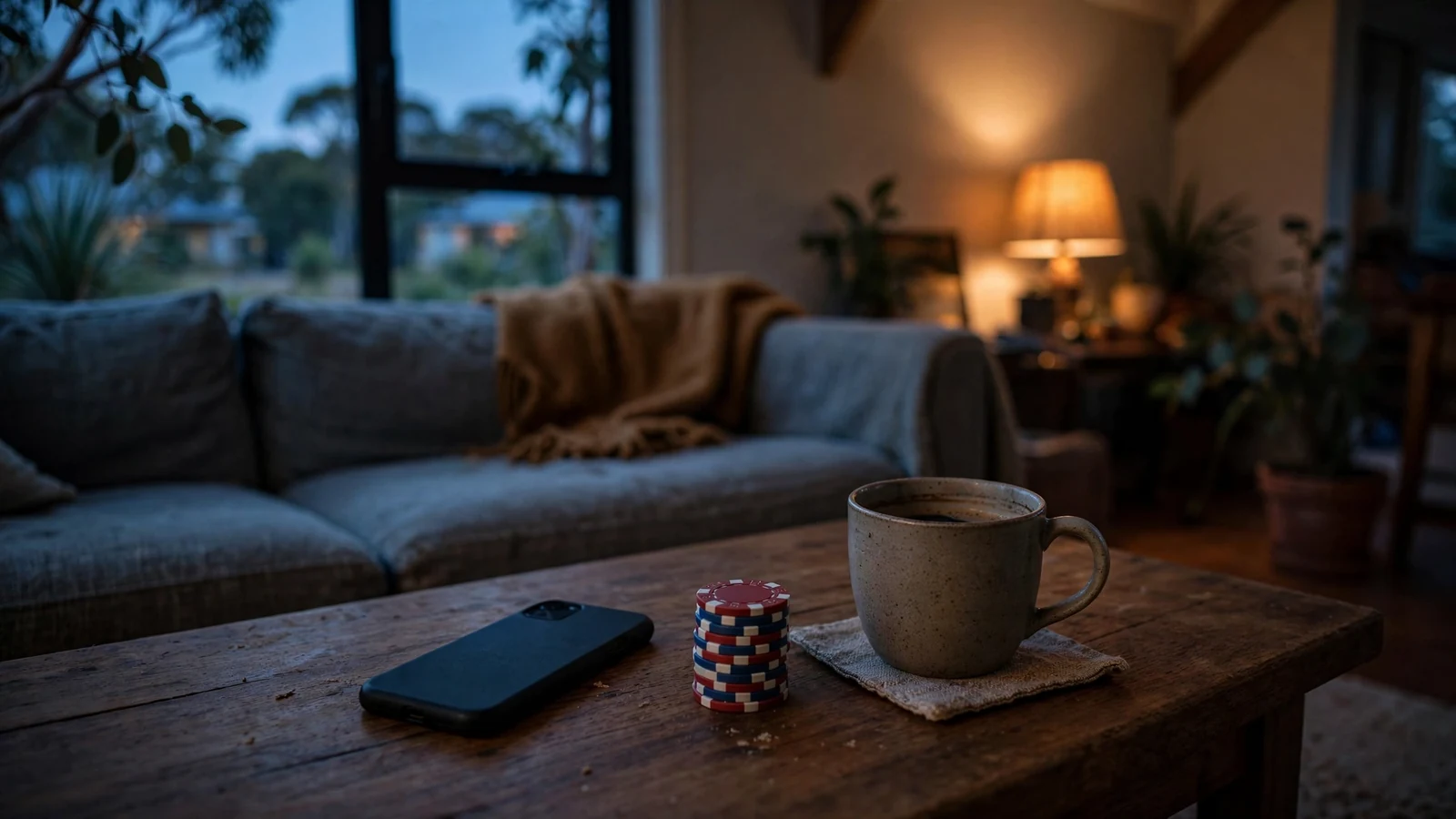 Smartphone face-down on coffee table with poker chips, Australian suburban living room at dusk