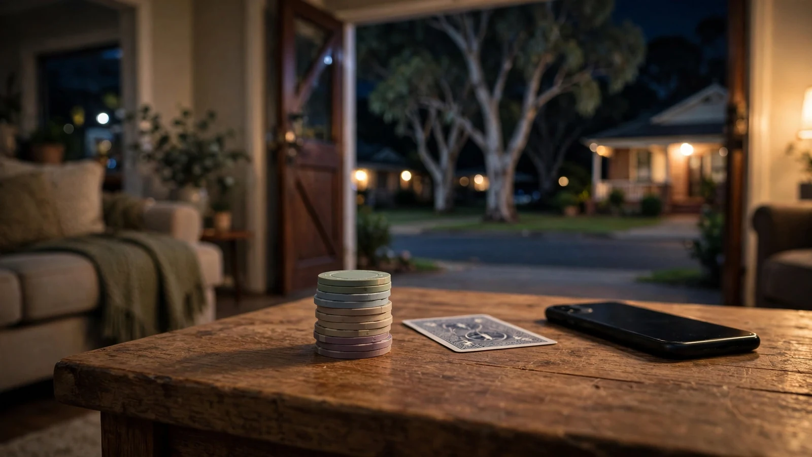 Casino chips and a face-down card on a side table in an Australian home at night.