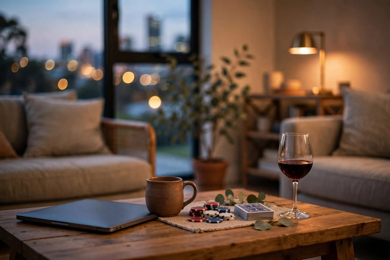 Australian living room scene with poker chips, cards, and closed laptop on a table at dusk.