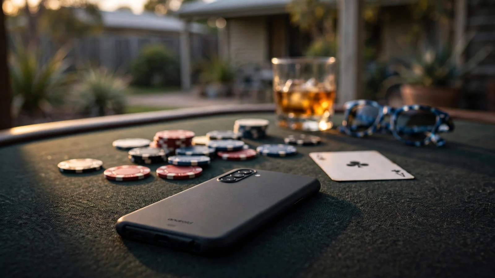 Android phone face-down on a casino table with poker chips, card, and whiskey glass
