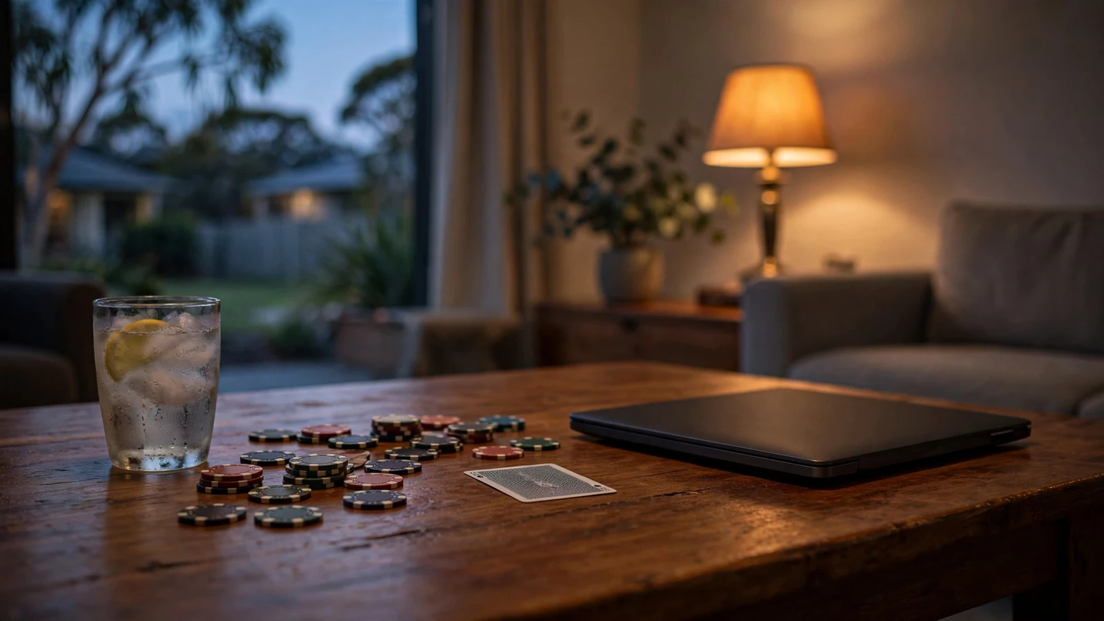 Casino chips on a wooden table beside a closed laptop in an Australian living room at night