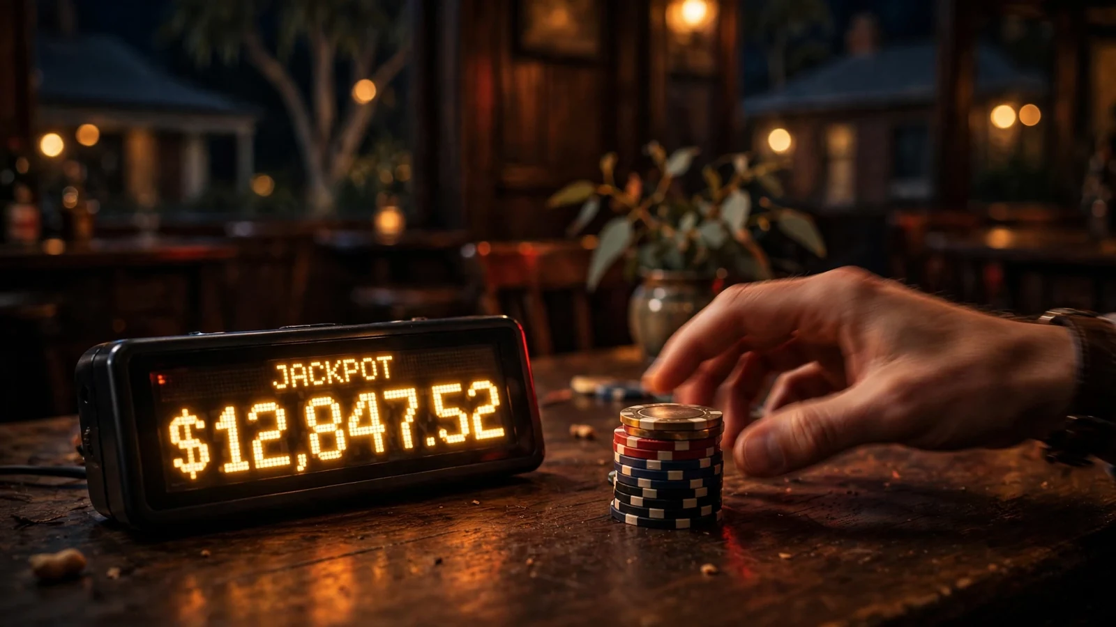 Casino chips beside an illuminated jackpot counter on a dim bar top