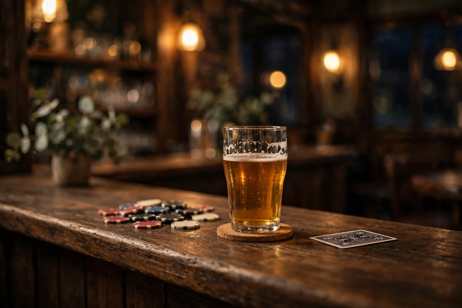 Dim Australian pub bar with beer glass, casino chips, and a face-down playing card.