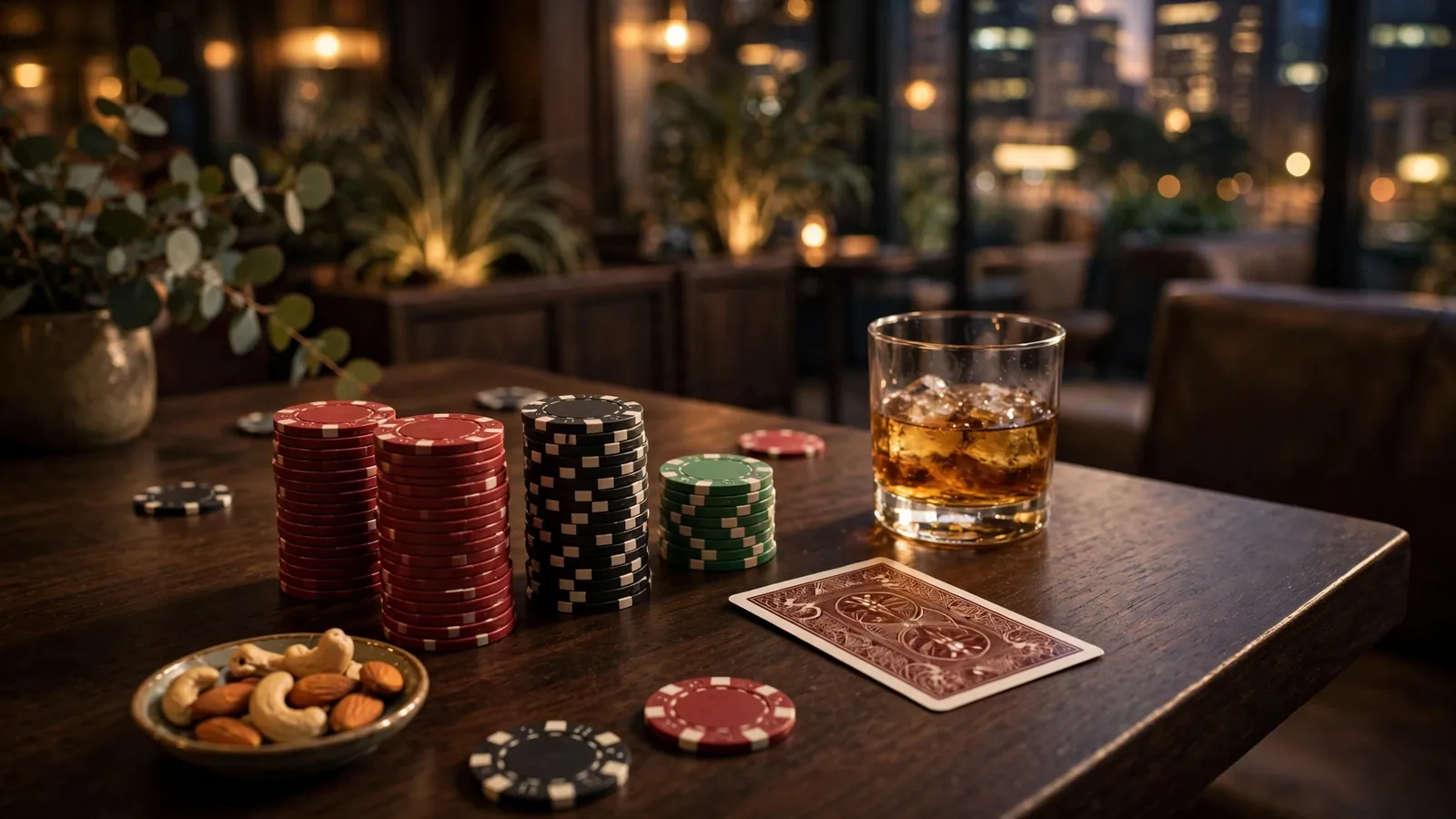 Casino table with chips, a face-down card, and a whiskey glass under warm lighting