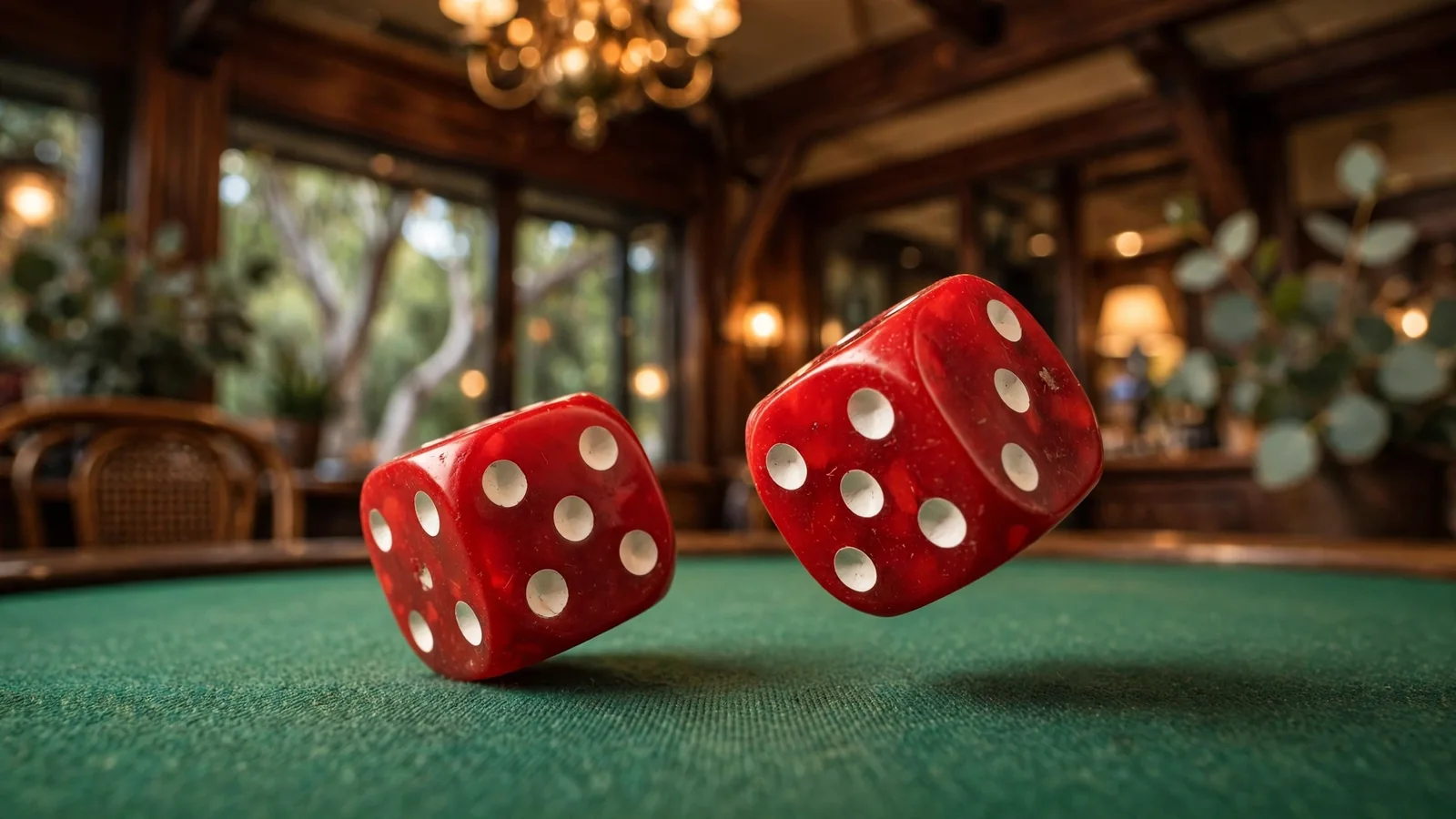 Close-up of red dice rolling on a green casino felt table