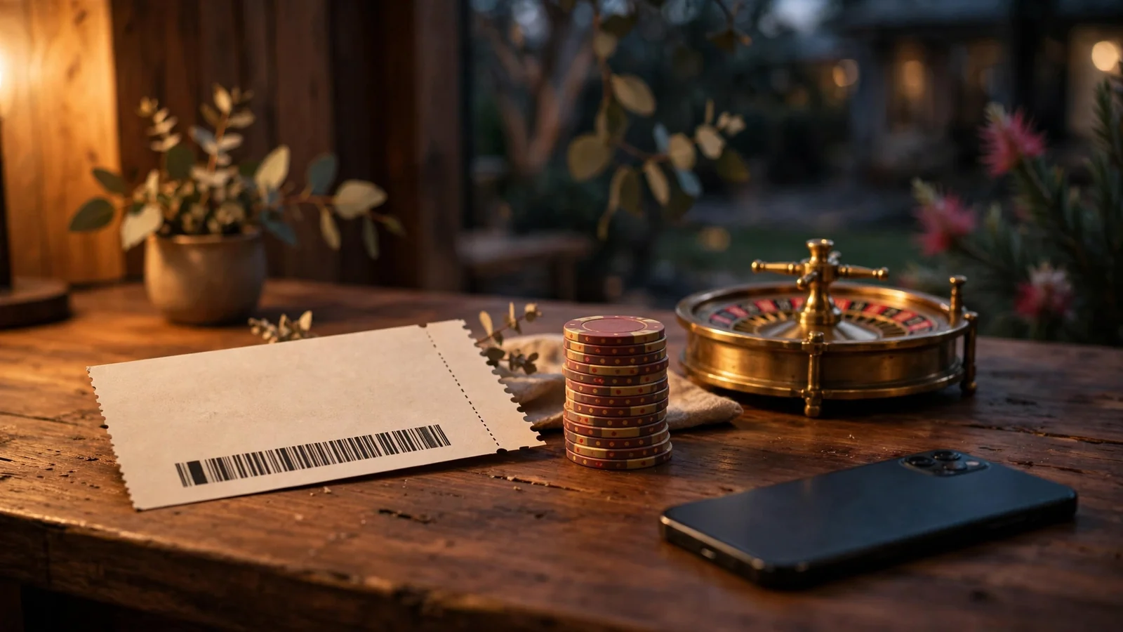 Casino chips, a promo voucher, a roulette wheel, and a face-down phone on a wooden desk.
