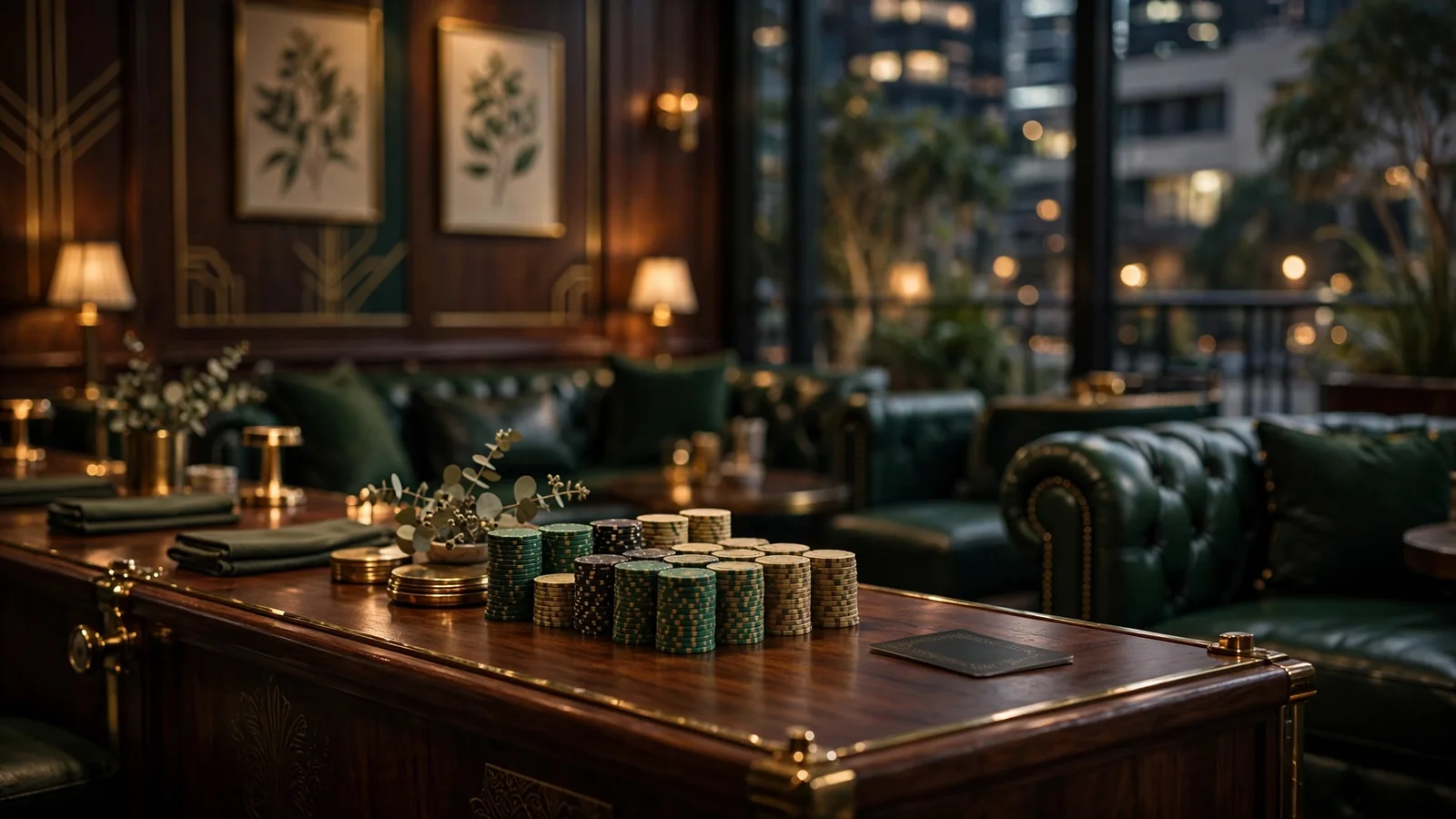 Dimly lit private casino lounge with stacked chips and a face-down card on a bar counter.
