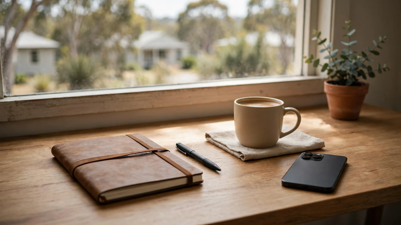 Quiet home office desk with notebook, pen, and face-down phone in daylight.