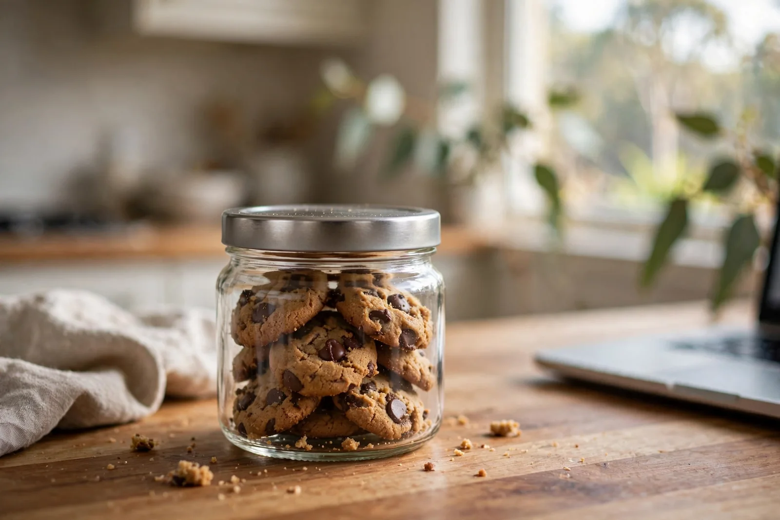 Glass jar of chocolate chip cookies on a wooden kitchen counter.