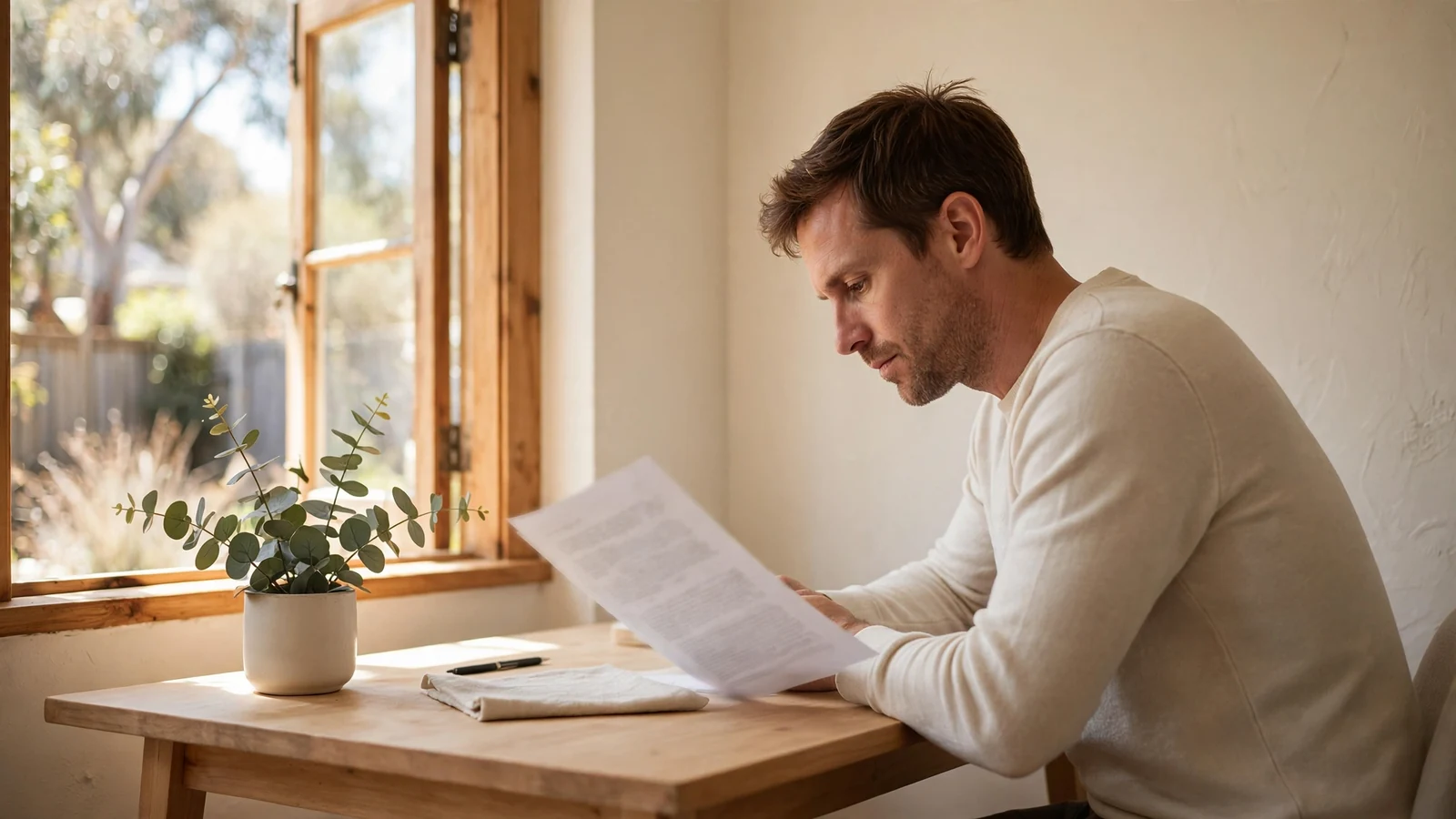 Person thoughtfully reading a printed document at a desk