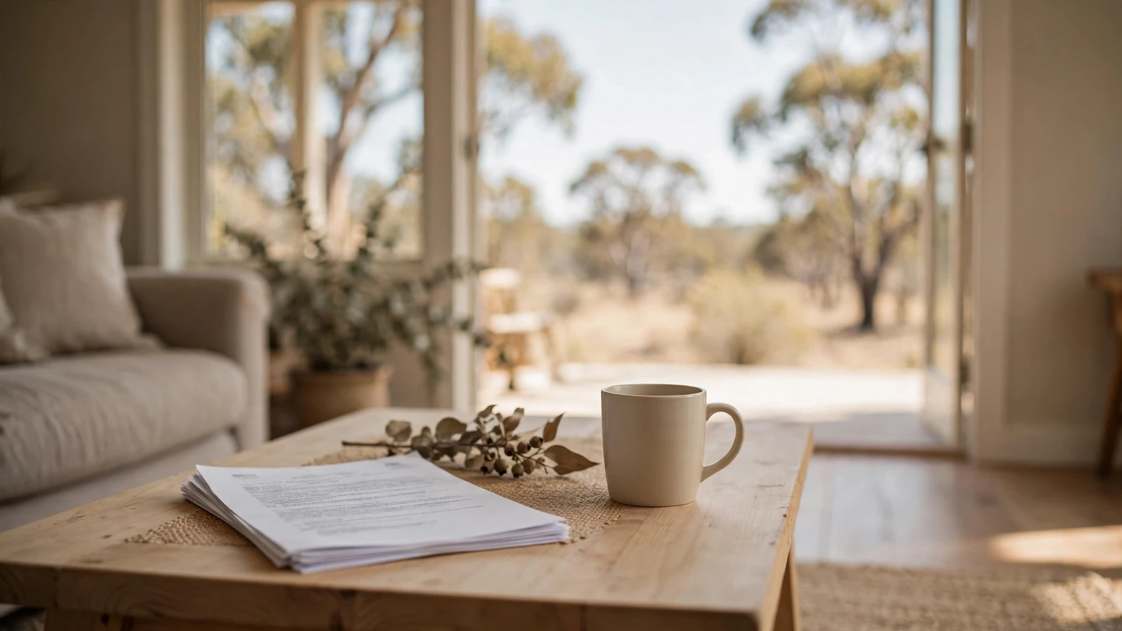 Australian living room with a printed document and coffee mug by a sunlit window