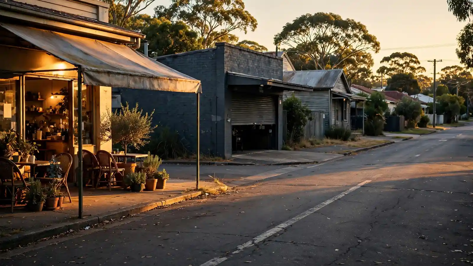 Suburban street split between an open lit café and a darkened closed shopfront