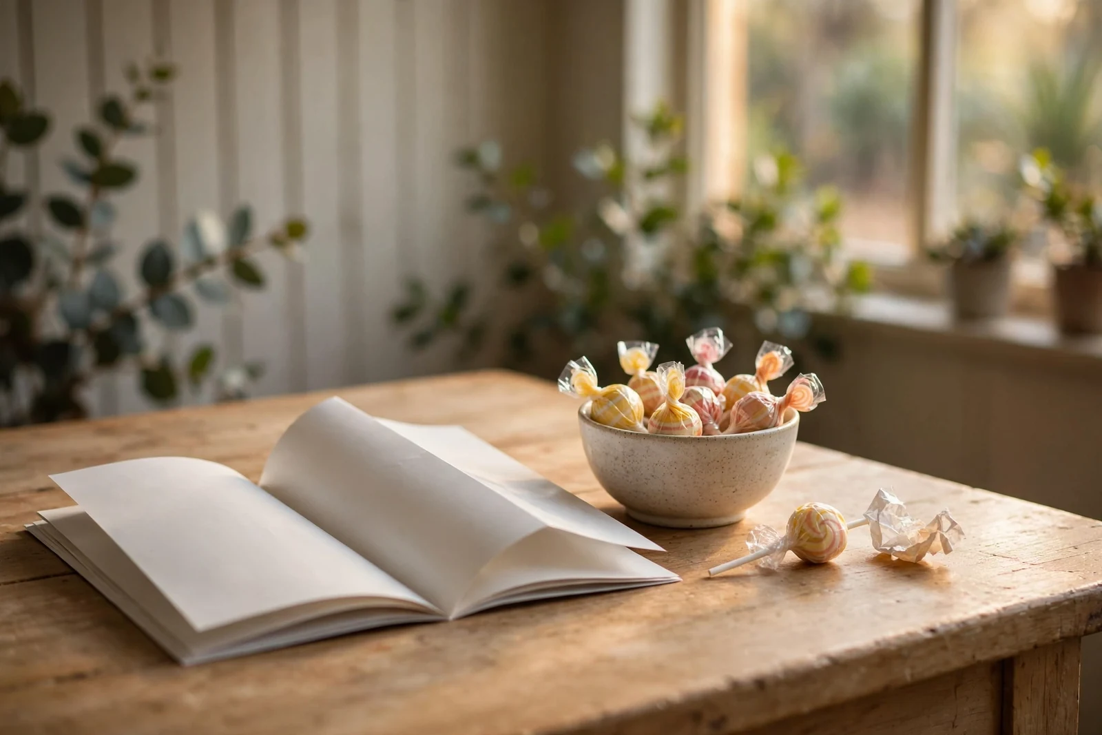 Glossy flyer beside wrapped lollipops on a wooden kitchen table