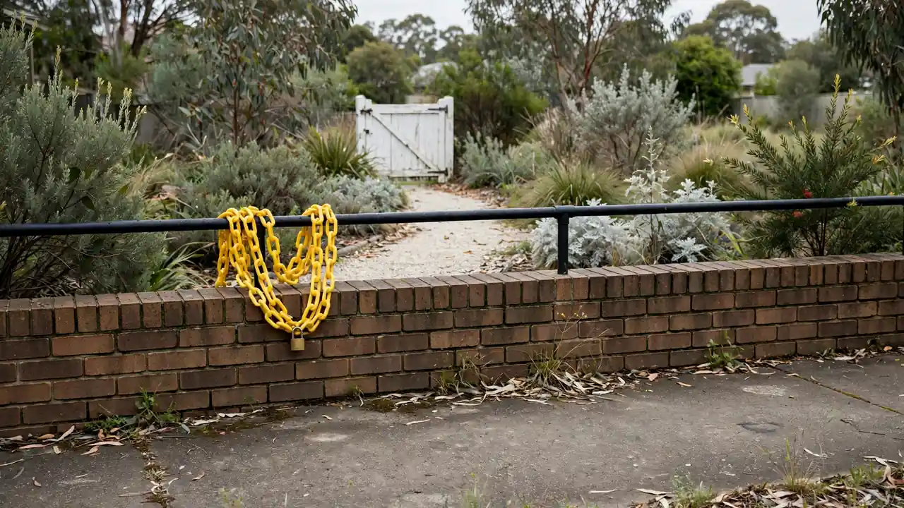 Padlocked chain on a low fence beside a closed garden gate