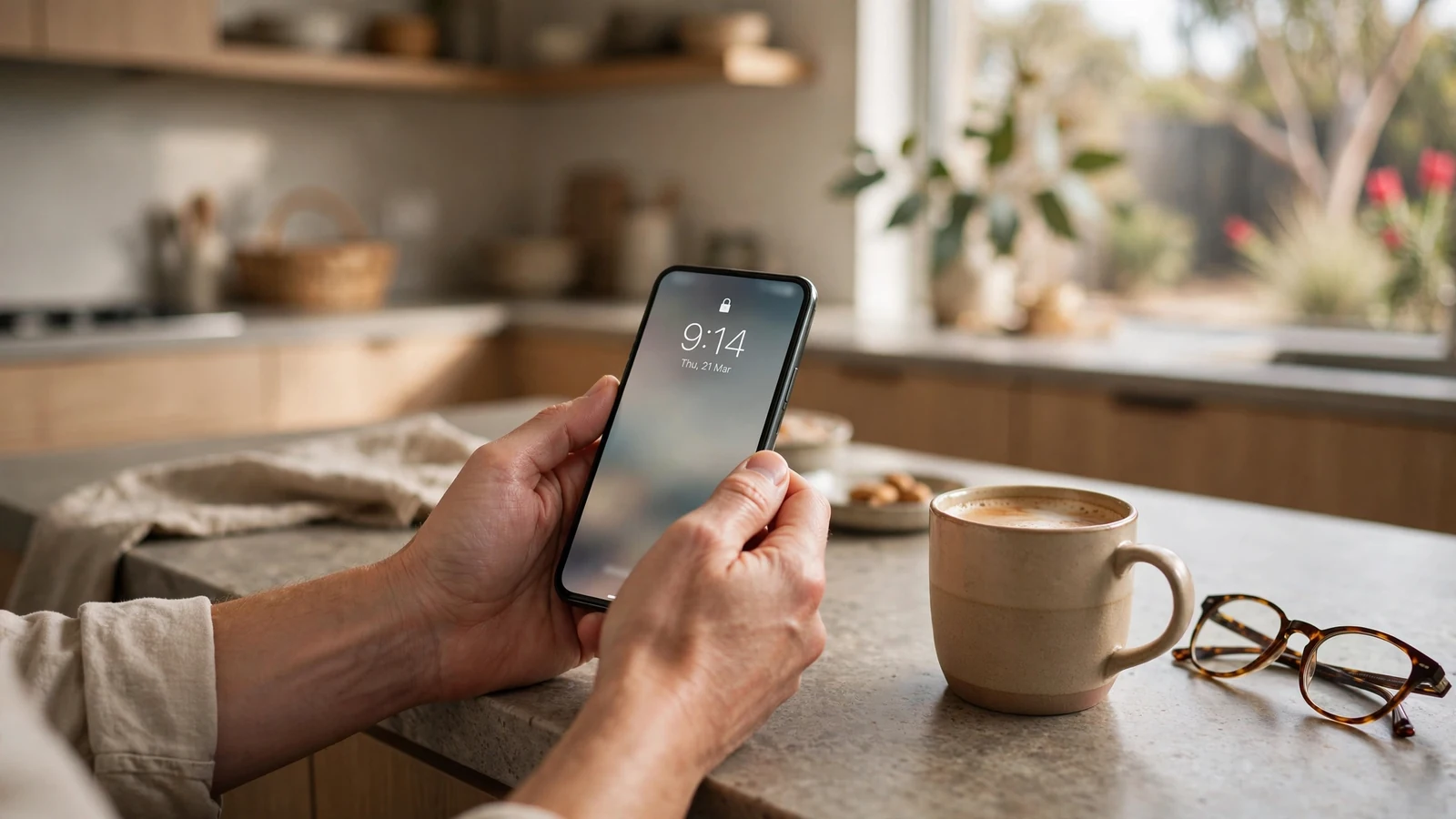 Hands holding a smartphone on a sunlit Australian kitchen counter