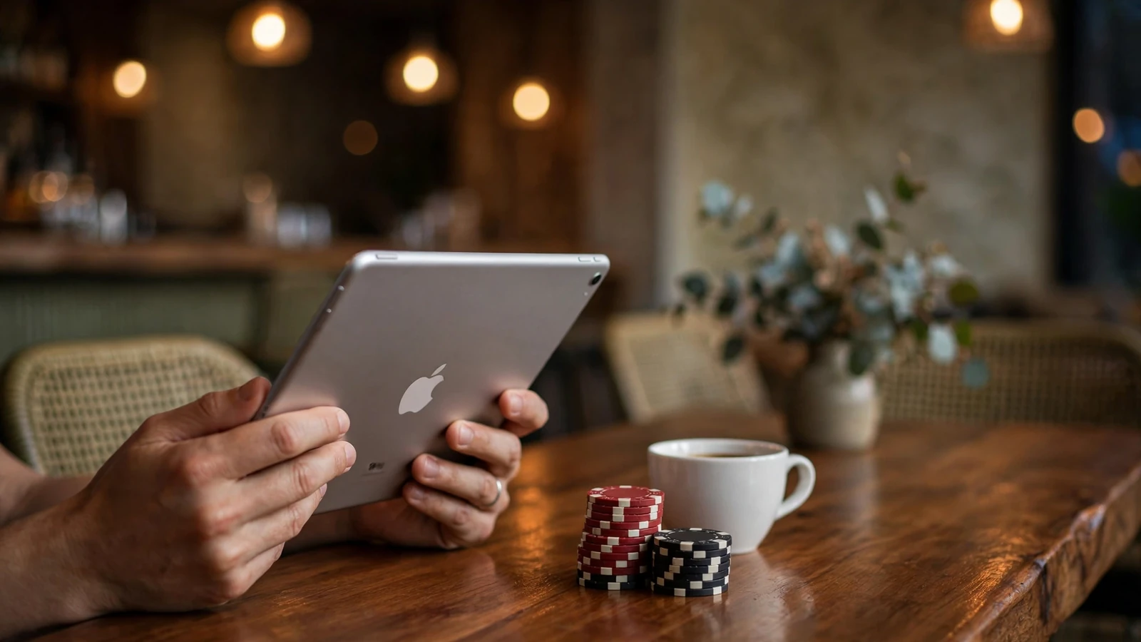 Hands holding an iPad at a casino-themed lounge table with chips nearby