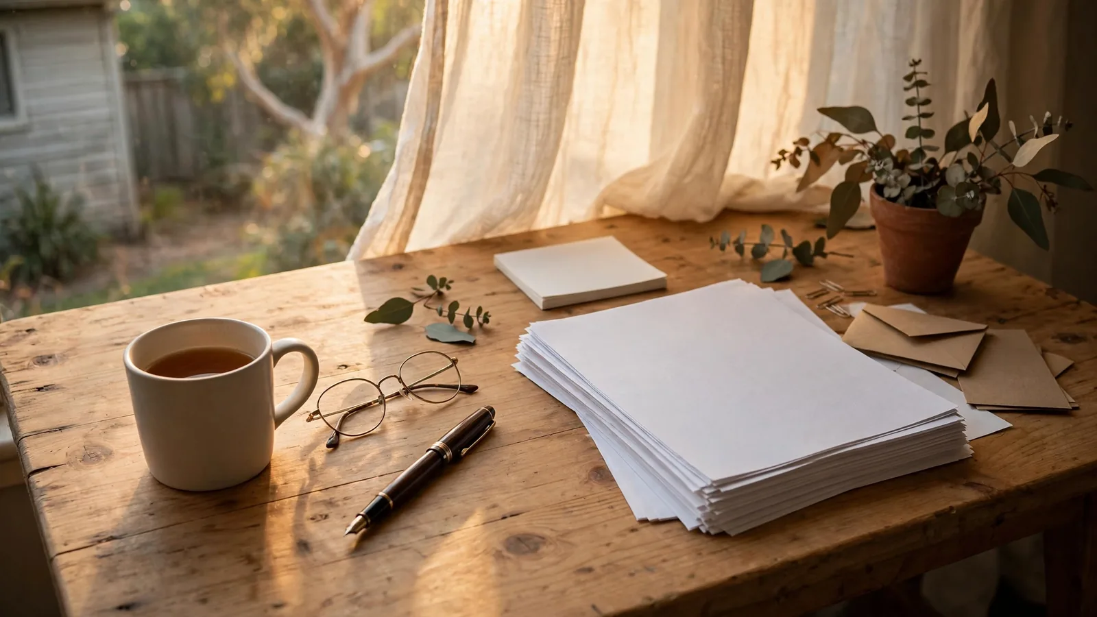 Quiet desk with printed pages, pen and tea, late Australian afternoon light