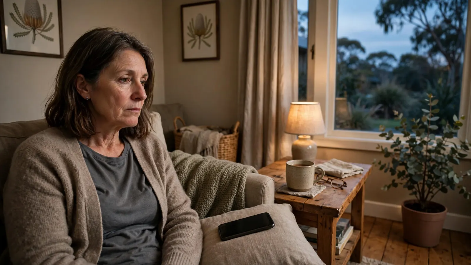 Person sitting on sofa with phone face-down, reflecting on online gambling rules in Australia.