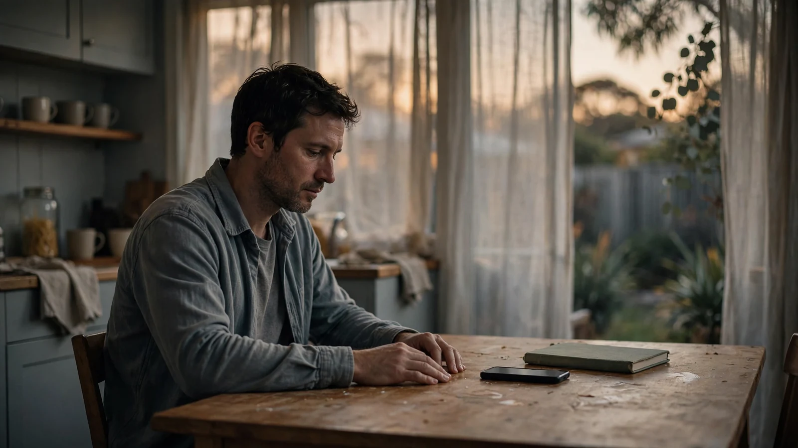 Person sitting alone at a kitchen table with a phone face-down, in quiet reflection.