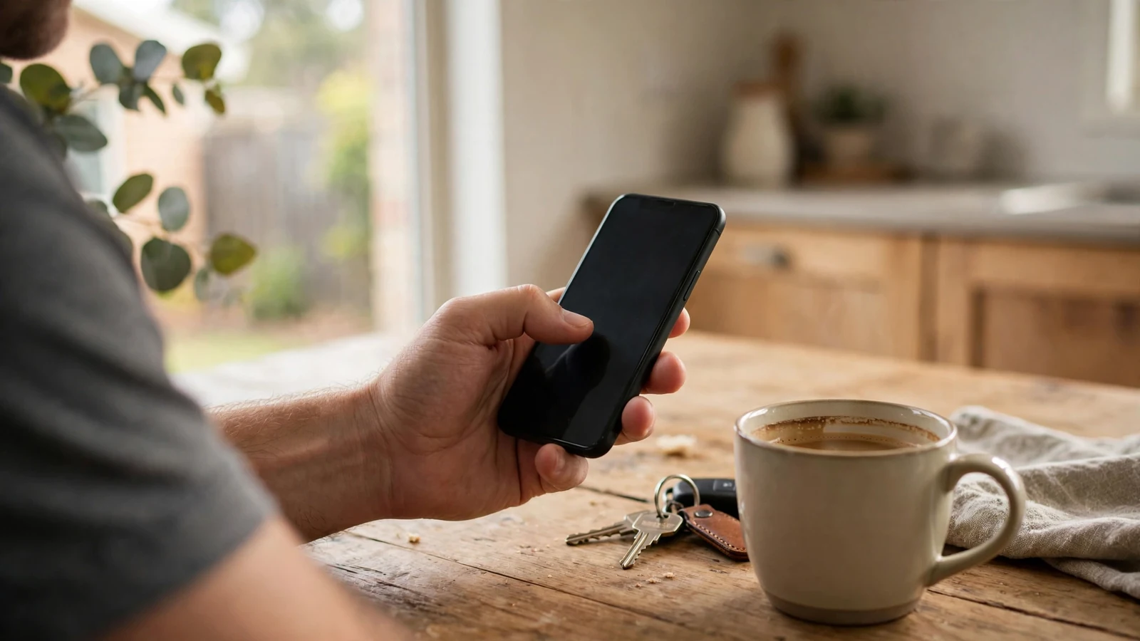 Hand holding a smartphone at a kitchen table in morning light.