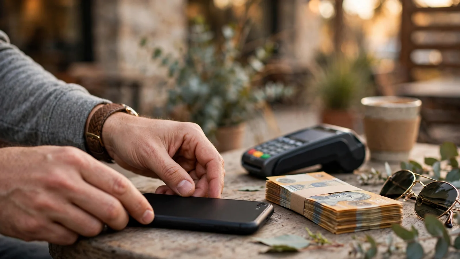 Smartphone, Australian cash and sunglasses on a café table