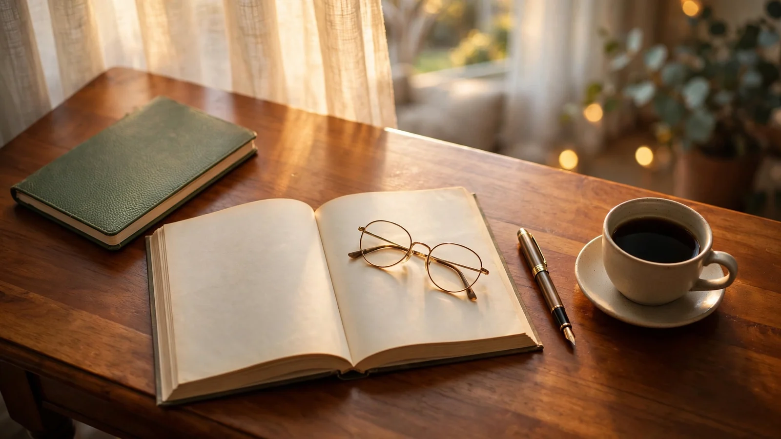 Reading glasses, an open book and tea on a sunlit desk